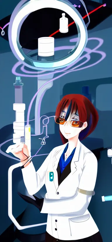 Image similar to an anime art of a female scientist in a laboratory holding a black hole, concept art, stylised, elegant, illustration, oc commission, high detailed