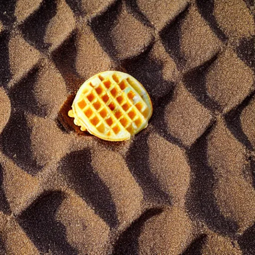 Image similar to an eggo waffle in the sand on the beach, high quality photograph, sigma 8 5 mm f / 8