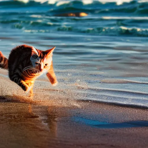 Image similar to photograph of cat running through the shallow waves at the beach, high quality, hd, flickr, sharp focus, cinematic lighting, rim lighting, enhanced colors