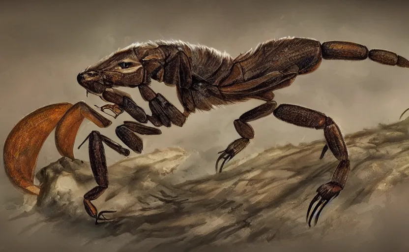 Image similar to coyote-scorpion hybrid, scorpion tail, scorpion stinger, fantasy art