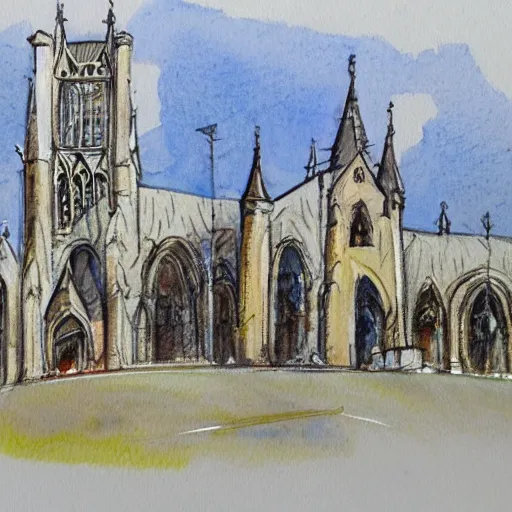 Image similar to watercolor sketch of gothic revival architecture concept, airport, warm, tasteful, lively