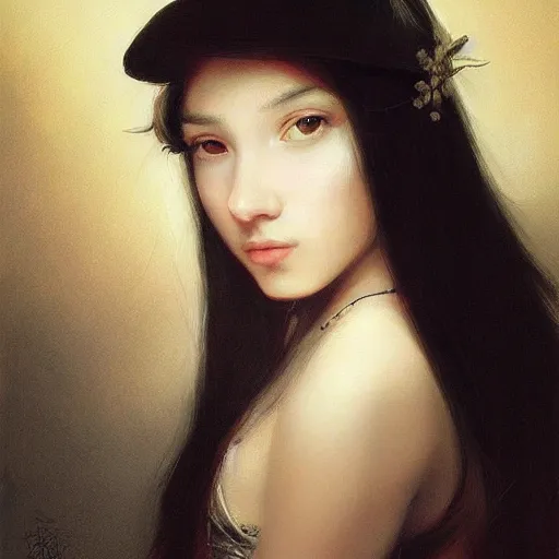 Prompt: portrait of a beautiful 1 7 years old girl with long black hair, by rembrandt and artgerm