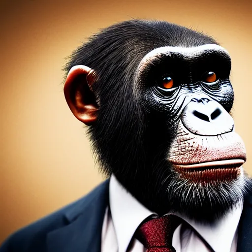 a gorilla in a suit and tie with a serious look on his face and shoulders