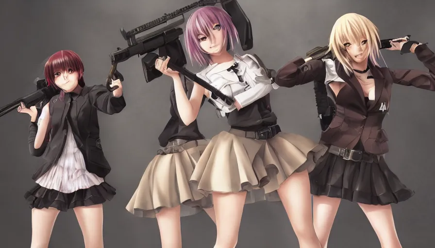 Prompt: anime girls in a gun fight, photorealistic, anime, mini skirt, hyper real, detailed, wide angle shot