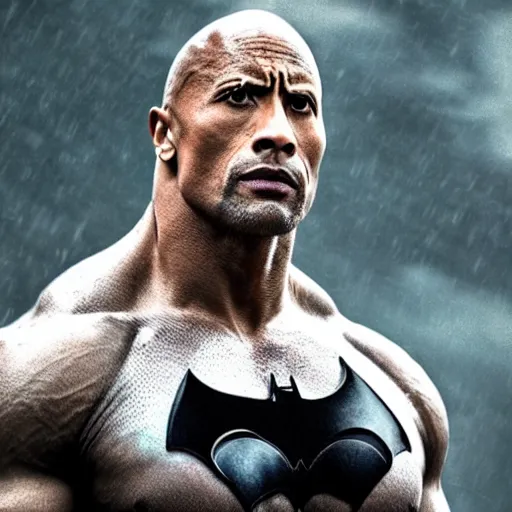 Image similar to Dwayne Johnson as Spiderbatman ,under rain, dramatic , an film still