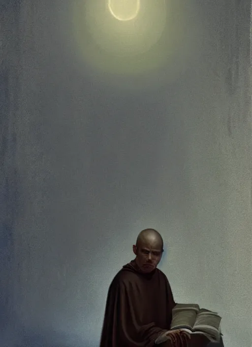 Image similar to oil painting portrait of a crying sad weeping sobbing tonsured dominican monk in a white habit, kneeling in a blue cold moonlit empty small chapel at night, hazy, digital art, chiaroscuro, artstation, cinematic, moonlight, digital art painting by greg rutkowski, hazy atmosphere, candles, cinematic blue lighting