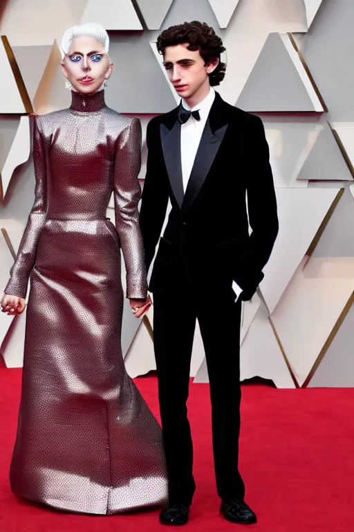 Prompt: timothee chalamet and lady gaga holding hands on the red carpet, beautiful detailed faces, canon eos