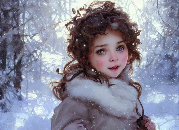 Prompt: A cute little girl with short curly brown hair and blue eyes, a round cherubic face and a happy expression. She is standing in a snowy forest trying to catch snowflakes. beautiful fantasy art by By Artgerm and Greg Rutkowski and Alphonse Mucha, trending on artstation.