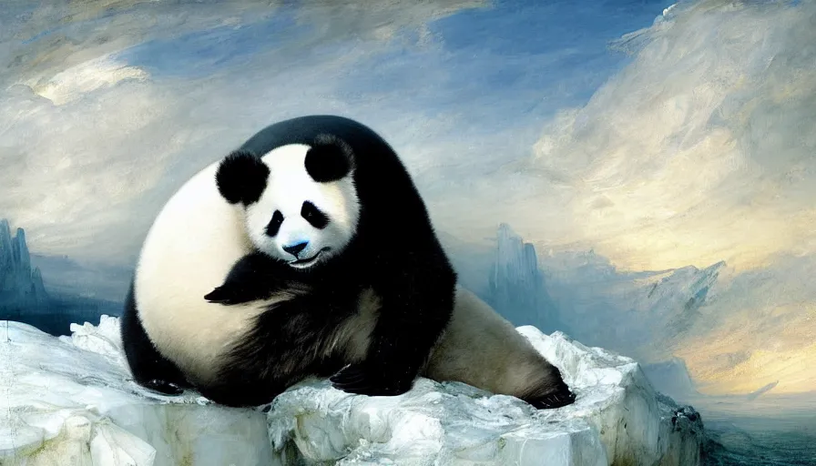 Image similar to highly detailed painting of a standing humanoid creature thats half human male man and half cute baby white furry seal panda hybrid on a blue and white iceberg by william turner, by greg rutkowski, by william constable, thick brush strokes and visible paint layers, 4 k resolution