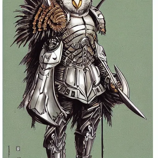 Image similar to barn owl warrior wearing an armor,small horns like a crown in the head, by Takeshi Obata