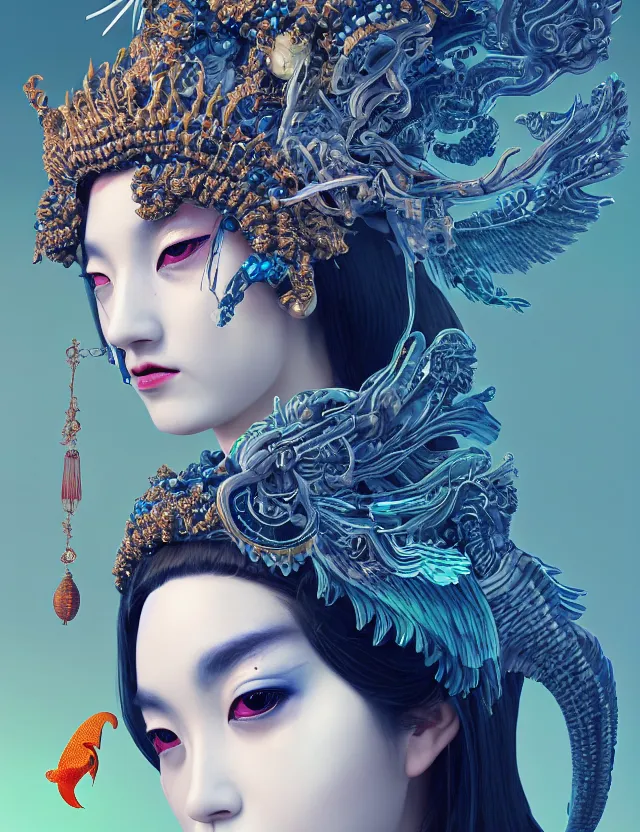 Image similar to 3 d goddess close - up portrait with crown, ram skull. beautiful intricately detailed japanese crow kitsune mask and clasical japanese kimono. betta fish, jellyfish phoenix, bioluminescent, plasma, ice, water, wind, creature, artwork by tooth wu and wlop and beeple and greg rutkowski