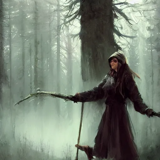 Prompt: a pilgrim witch walking through the woods, painted by raymond swanland, painted by greg rutkowski, painted by jeremy mann, painted by igor kieryluk, trending on artstation