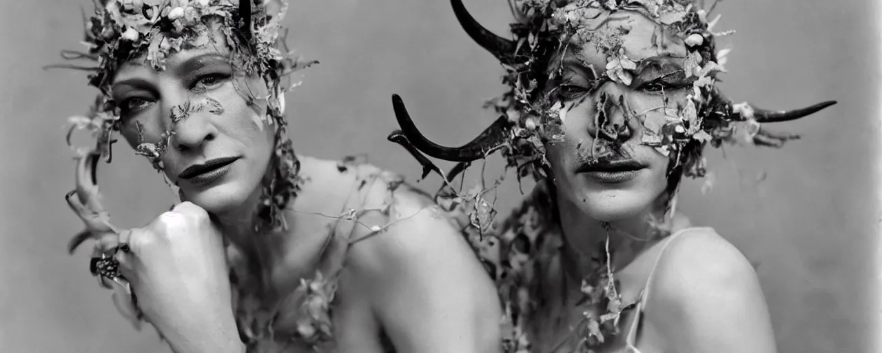 Image similar to 1920s portrait photography of cate blanchett transforming into a monster, edelweiss growing out of his face, goat horns on his head