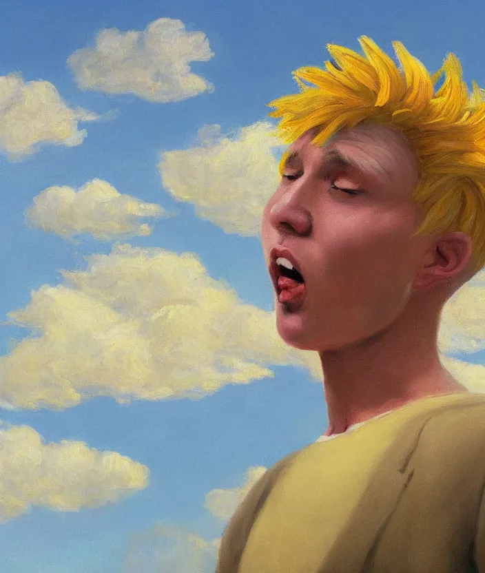 Image similar to a closeup portrait of a man in a blonde bob wig with blonde bangs, standing in beautiful sunflower field, screaming and sad, highly detailed, aesthetic clouds in the sky, in the style of edward hopper, very fine brush strokes, 4 k,