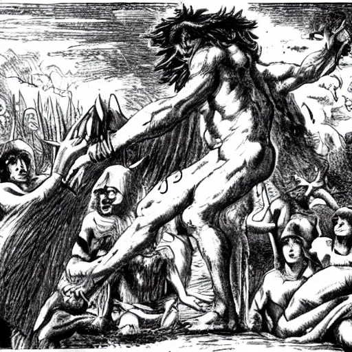 Prompt: The biblical nephilim terrorizing people