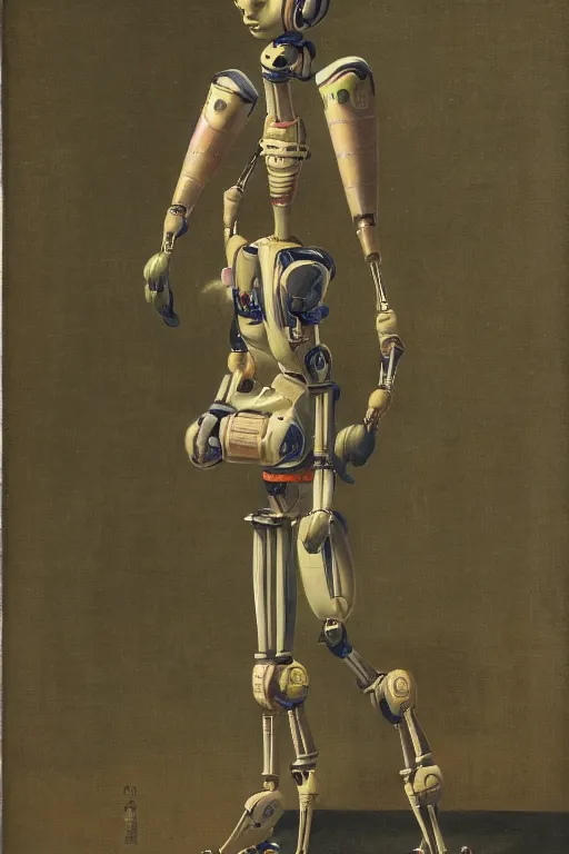 Prompt: a elegant japanese robot with fluo color detail, and muted arm colors, standing in a lush dutch master painting
