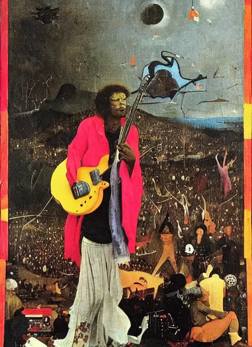 Image similar to jimy hendrix at woodstock by hieronymus bosch