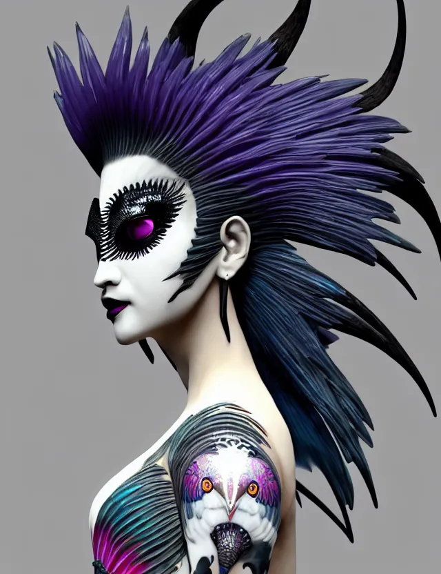 Image similar to 3 d goddess close - up profile simple portrait punk with mohawk with ram skull. beautiful intricately detailed japanese crow kitsune mask and clasical japanese kimono. betta fish, jellyfish phoenix, bio luminescent, plasma, ice, water, wind, creature, artwork by tooth wu and wlop and beeple and greg rutkowski