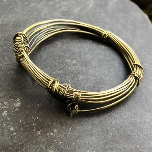 Prompt: poseidon cultists bangle, solid bronze wire, intricate poseidon style, ancient mediterranean jewelry, fine craftsmanship