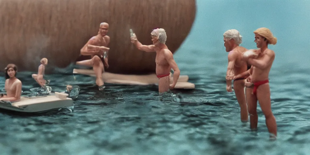 Prompt: beautiful hyperrealism three point perspective film still of Senior coconut and Dave Brubeck take five and smoke on the water scene in kon-tiki meets jaws(1988) extreme closeup portrait in style of 1990s frontiers in translucent porclein miniature street photography seinen manga fashion edition, miniature porcelain model, focus on face, eye contact, tilt shift style scene background, soft lighting, Kodak Portra 400, cinematic style, telephoto by Emmanuel Lubezki