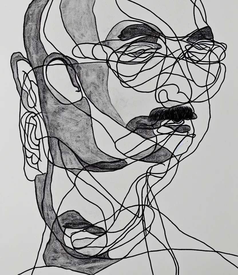 Image similar to elegant minimalist line art portrait of mahatma gandhi. inspired by egon schiele. contour lines, graphic musicality, twirls, curls and curves, strong confident personality, staring at the viewer
