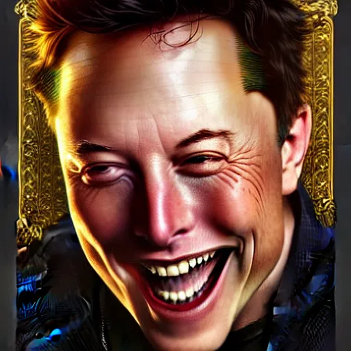 Image similar to Portrait of Elon Musk laughing hysterically as stock prices crash, fantasy, intricate, elegant, highly detailed, digital painting, artstation, concept art, matte, sharp focus, illustration, art by Artgerm and Greg Rutkowski and Alphonse Mucha, portrait