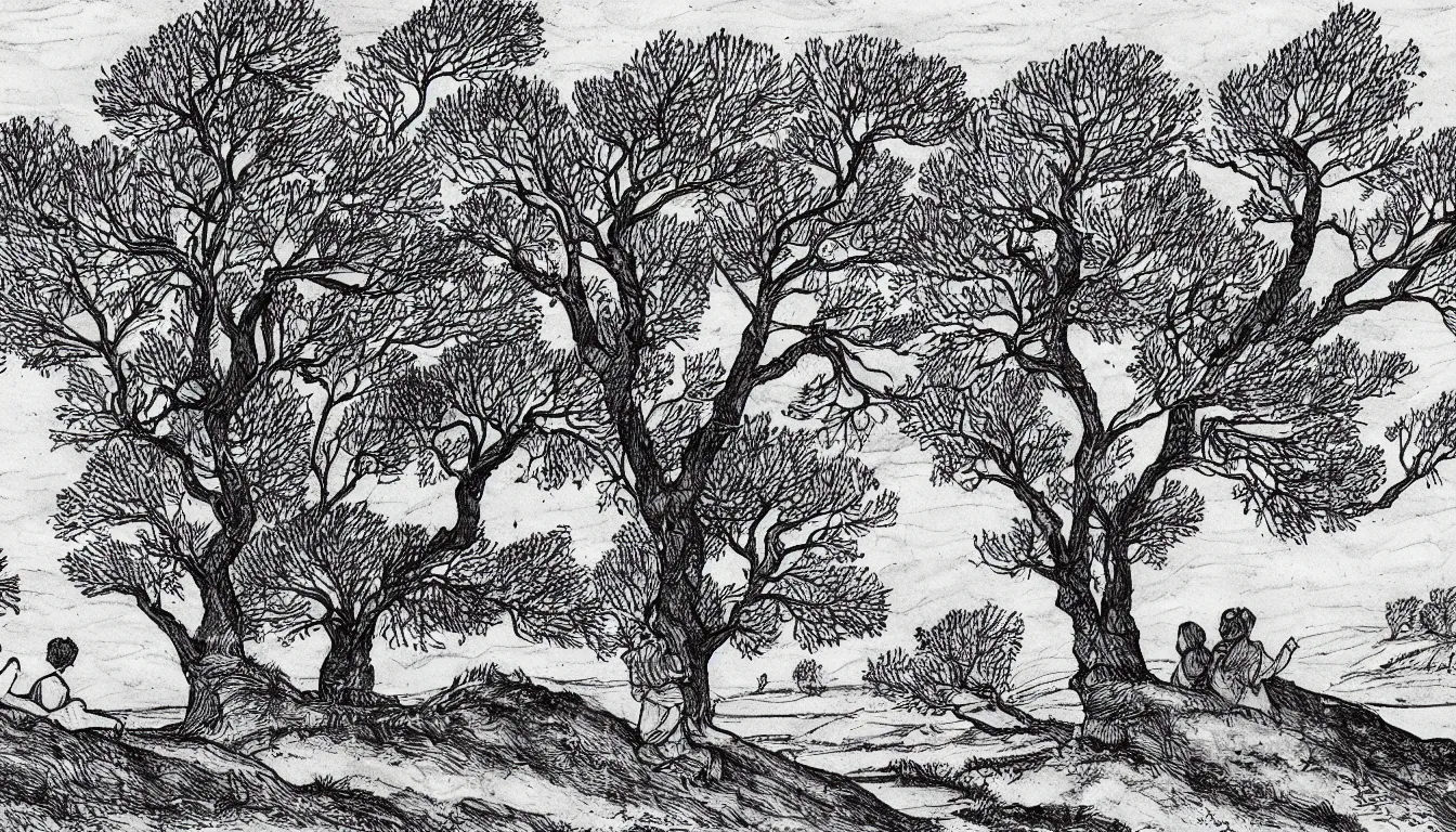 Image similar to a couple sits on a hill overlooking a river, wind blown trees, pen and ink, 1 5 0 0 s, 8 k resolution