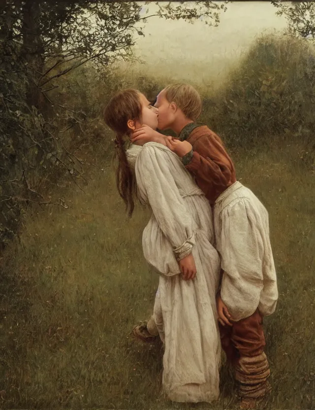 Image similar to peasant boy and girl first kiss, secretly on a village, Cinematic focus, Polaroid photo, vintage, neutral colors, soft lights, foggy, by Steve Hanks, by Serov Valentin, by lisa yuskavage, by Andrei Tarkovsky 8k render, detailed, oil on canvas