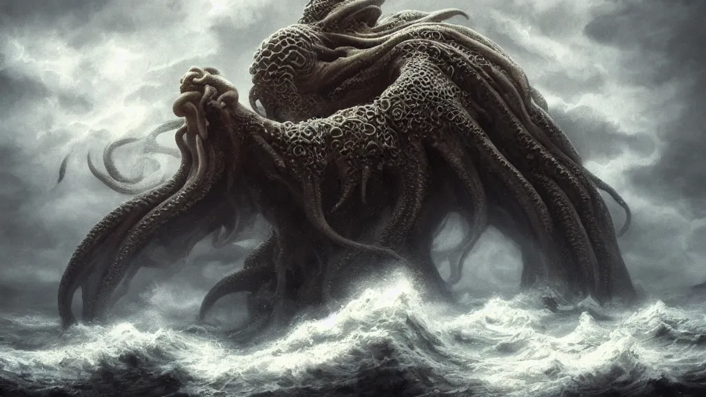 Prompt: cthulhu rising out a stormy ocean, ancient evil, stormy weather, handsome, profile, intricate, detailed, volumetric lighting, scenery, digital painting, highly detailed, artstation, sharp focus, illustration, concept art, ruan jia, steve mccurry