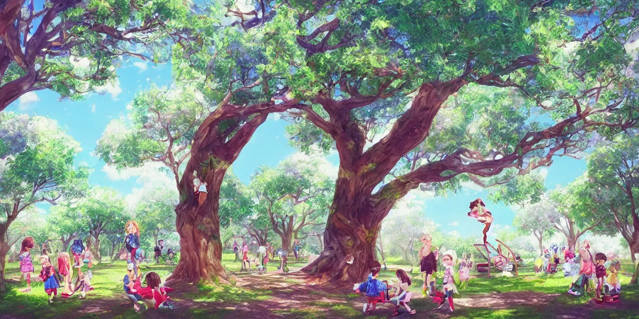 Image similar to 8 k ， an illustration of a children's playground under a big tree ， spring atmosphere ， by ashno alice and raja nanadepu ， trend on artgerm ， featured on artstation