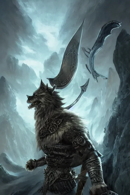 Image similar to Anthropomorphic Viking Silver Wolf, magic the gathering artwork, D&D, fantasy, cinematic lighting, centered, symmetrical, highly detailed, digital painting, artstation, concept art, smooth, sharp focus, illustration, volumetric lighting, epic Composition, 8k, art by Akihiko Yoshida and Greg Rutkowski and Craig Mullins, heroic pose, oil painting, cgsociety