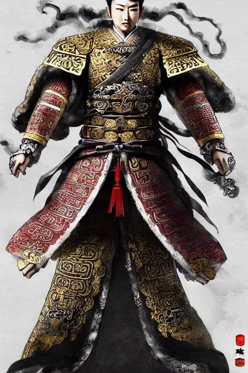 Image similar to a highly detailed epic character design of ancient chinese hansome young emperor, crown wearing white imperial robe strong, full body, background is ancient chinese architecture ， clouds, by chen uen, yoji shinkawa 8 k