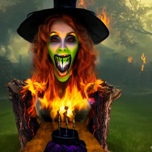 Prompt: incredibly pretty wicked witch with a devilish grin on a pyre. the flames flee from the witch. highly detailed. 4 k.