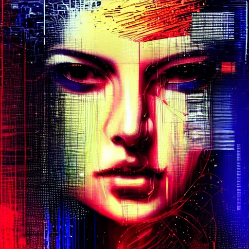 Prompt: hyperrealistic portrait of a mysterious cyberpunk woman with flowing hair, by Guy Denning, Johannes Itten, Russ Mills, glitch art, hacking effects, glitch effects, digital tech effects, cybernetics, detailed lines, holographic, chromatic, color blocking, digital painting, octane, concept art, abstract, red face, 8k, trending on cgsociety, trending on artstation