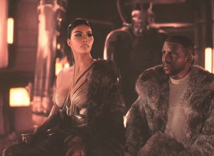 Image similar to a movie still of kim kardashian sitting with rick deckard in blade runner