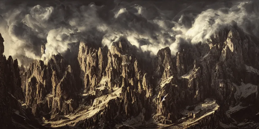 Image similar to photography of dolomites getting blown up, exploding, dolomites, alpine, detailed intricate insanely detailed octane render, 8k artistic 1920s photography, photorealistic, chiaroscuro, hd, by David Cronenberg, Raphael, Caravaggio