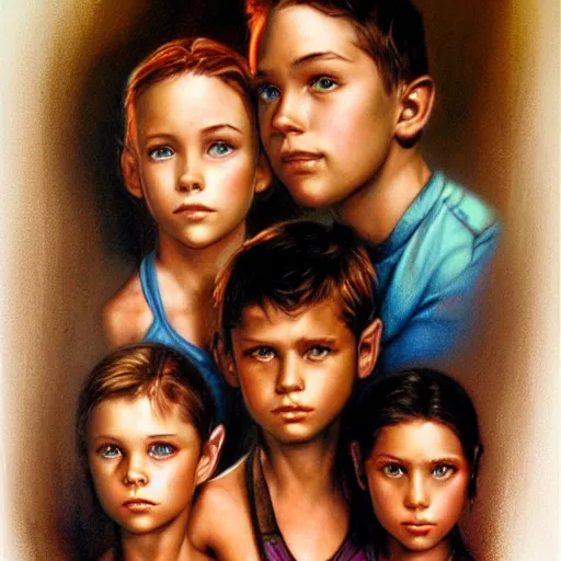 Prompt: siblings, three male, one female, airbrush art, drew struzan illustration art, key art