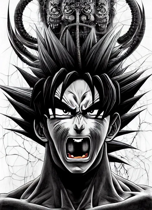 Prompt: a dream portrait of goku as god of the death, black & white, melting, webbing, 8 k, by tristan eaton, stanley artgerm, tom bagshaw, greg rutkowski, carne griffiths, ayami kojima, beksinski, giger, trending on deviantart, face enhance, hyper detailed, minimalist, horror, alien