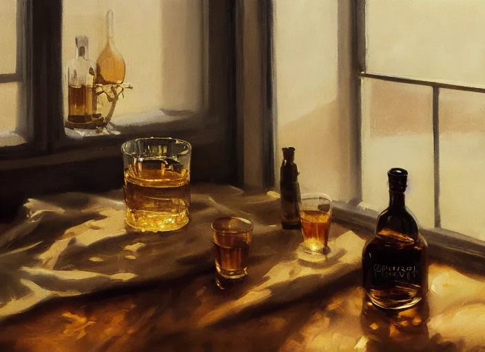 Prompt: oil painting of whiskey bottle, barley grain, art by anders zorn, wonderful masterpiece by greg rutkowski, beautiful cinematic light, backlit, window cast shadows, american romanticism by greg manchess, creation by tyler edlin, folds of fabric, tablecloth