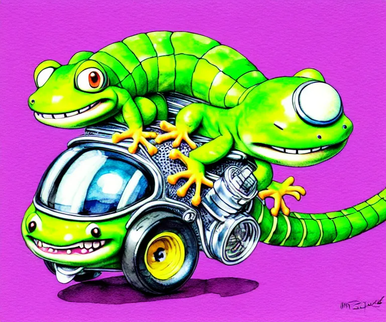 Image similar to cute and funny, gecko wearing a helmet riding in a hot rod with oversized engine, ratfink style by ed roth, centered award winning watercolor pen illustration, isometric illustration by chihiro iwasaki, edited by range murata, tiny details by artgerm and watercolor girl, symmetrically isometrically centered, sharply focused