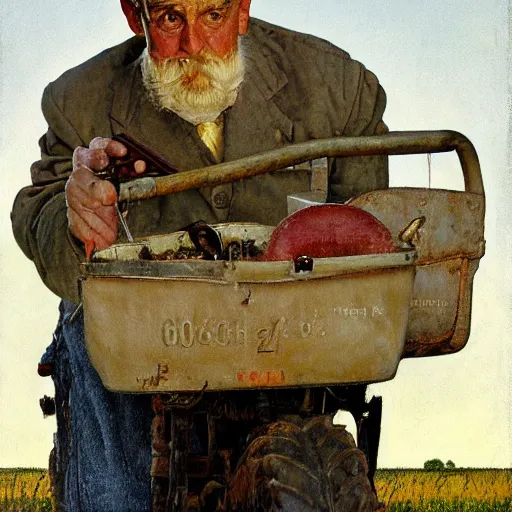 Image similar to high quality high detail painting by norman rockwell, hd, old man on tractor, big eyes, muted pastel colors, photorealistic lighting