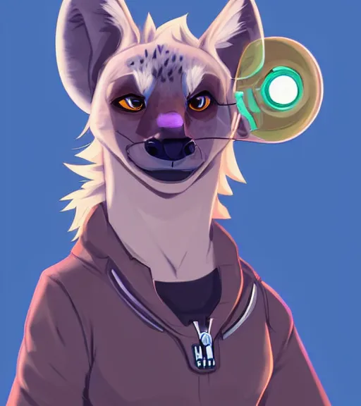 Image similar to full body digital artwork of furry female hyena, in style of zootopia, fursona, furry, furaffinity, deviantart, wearing astronaut outfit, floating in space, cyberpunk, detailed face, style of artgerm,