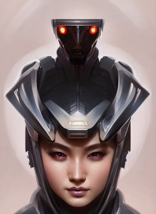 Image similar to symmetry!! portrait of futuristic samurai, sci - fi, tech wear, intricate, elegant, highly detailed, digital painting, artstation, cinematic lighting, concept art, smooth, sharp focus, illustration, art by artgerm and greg rutkowski and alphonse mucha, 8 k