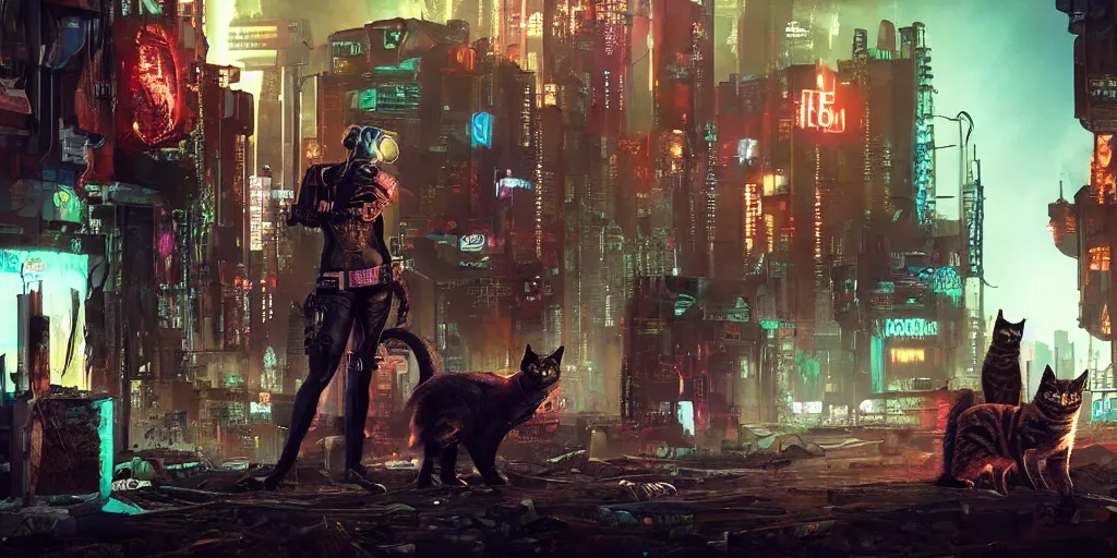 Prompt: cyberpunk cat gang, fallout 5, studio lighting, deep colors, apocalyptic setting, sneak peek into the future