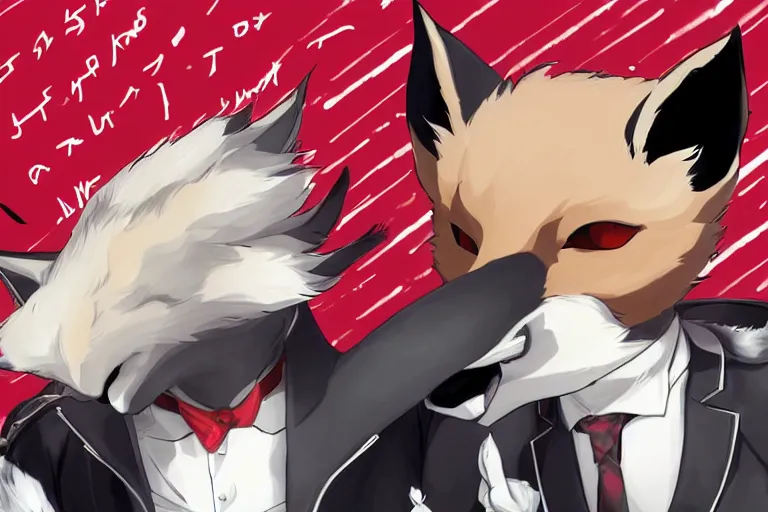 Image similar to a furry tan male fox on a persona 5 : royal ( by atlus ) video game splash screen, a furry male sandcolored tan fox fursona ( has hair ), persona 5 phantom thief style