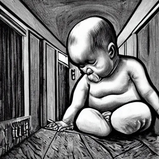 Image similar to a ugly baby in floor inside a dark house, surrealism