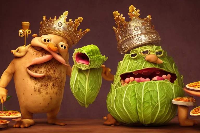 Image similar to cabbage character, king, wearing golden crown, pizza, wood fired oven, cooking pizza, high heat, walrus waving in background, highly detailed 3 d render, artstation, surrealism, pixar