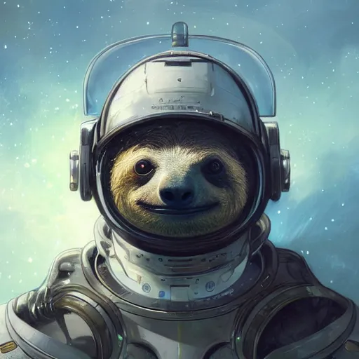 Image similar to detailed science - fiction character portrait of a sloth in space robot suit, intricate, wild, highly detailed, digital painting, artstation, concept art, smooth, sharp focus, illustration, art by artgerm and greg rutkowski and alphonse mucha