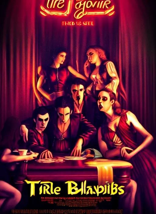 Image similar to movie poster with three vampires sitting around a table, baroque style, neon lights in the background, dramatic light