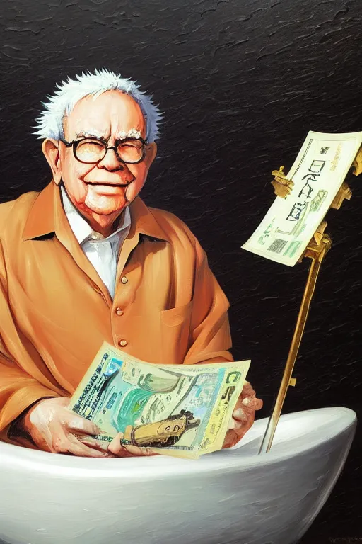 Image similar to baroque oil painting of anime key visual concept art of warren buffet sitting in a bathtub full of usd cash money, award winning, trending on artstation, palette knife! and brush strokes, oil on canvas, makoto shinkai greg rutkowski studio ghibli